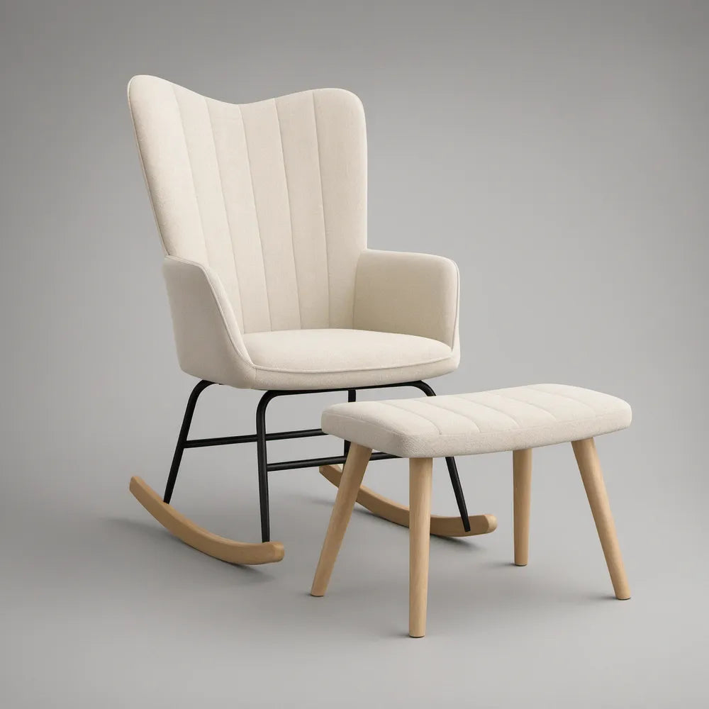 Cremefarbener Schaukelstuhl mit Hocker, schwarzem Stahlgestell und Buchenholz, 75 x 90 x 105 cm