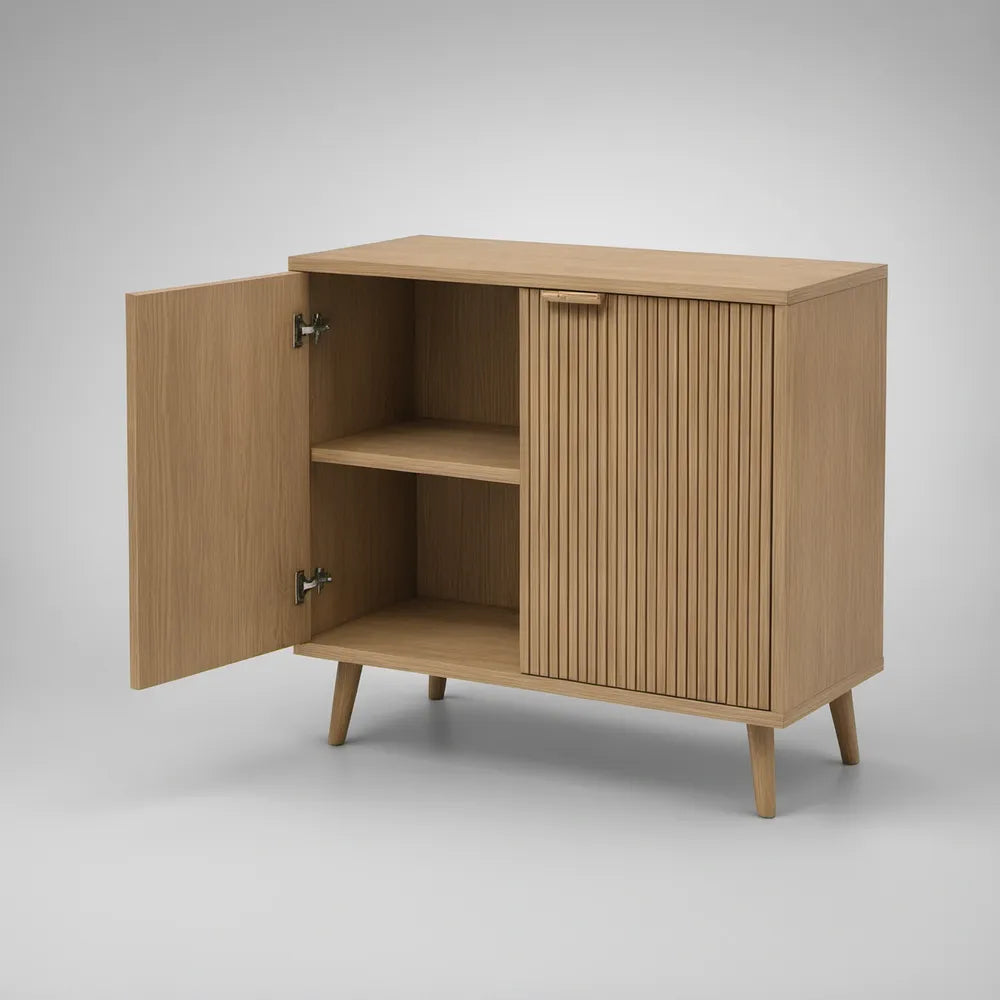 Eichefarben, 90 x 40 x 90 cm, mit glatter und vertikal geriffelter Front