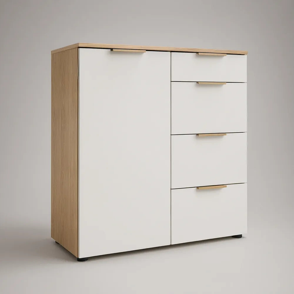 Kommode Weiss/Eiche mit 1 Tür und 4 Schubladen, 100 x 40 x 105 cm