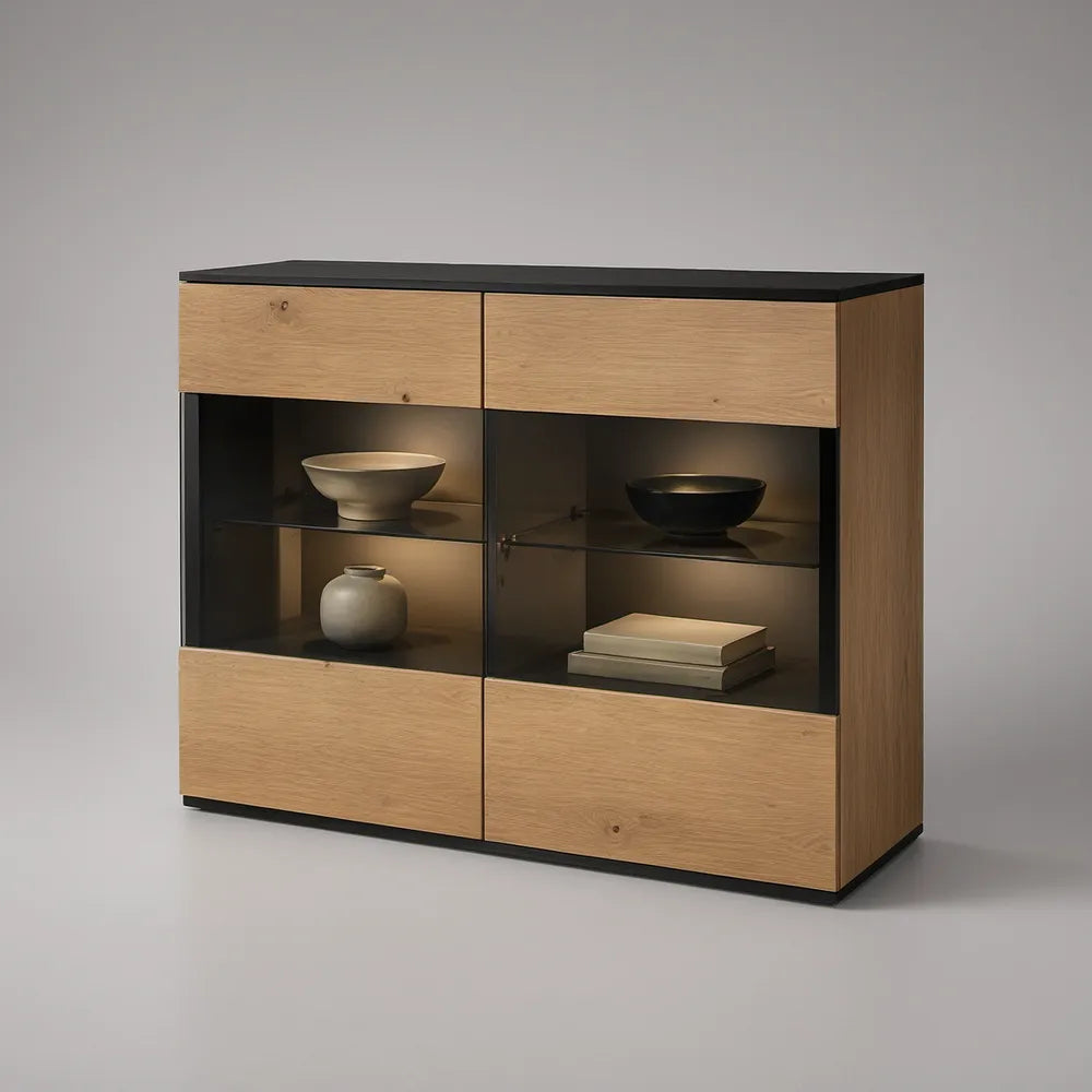 Vitrinenschrank Eiche Natur/Schwarz, 120 x 40 x 100 cm