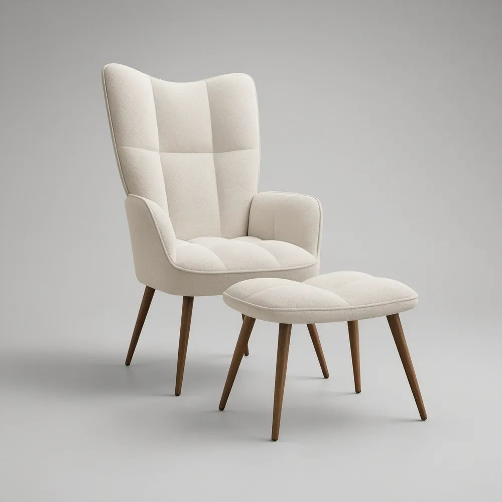 Gepolstertes Sessel- und Hocker-Set Creme mit walnussbraunen Holzbeine – Felorelmere