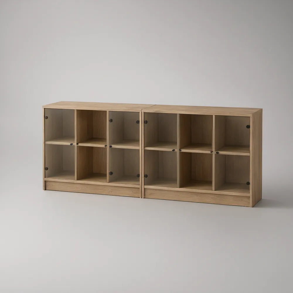 2er-Set mit 12 Fächern in Eichenfurnier Natur mit Glasfronten, 180 x 35 x 65 cm