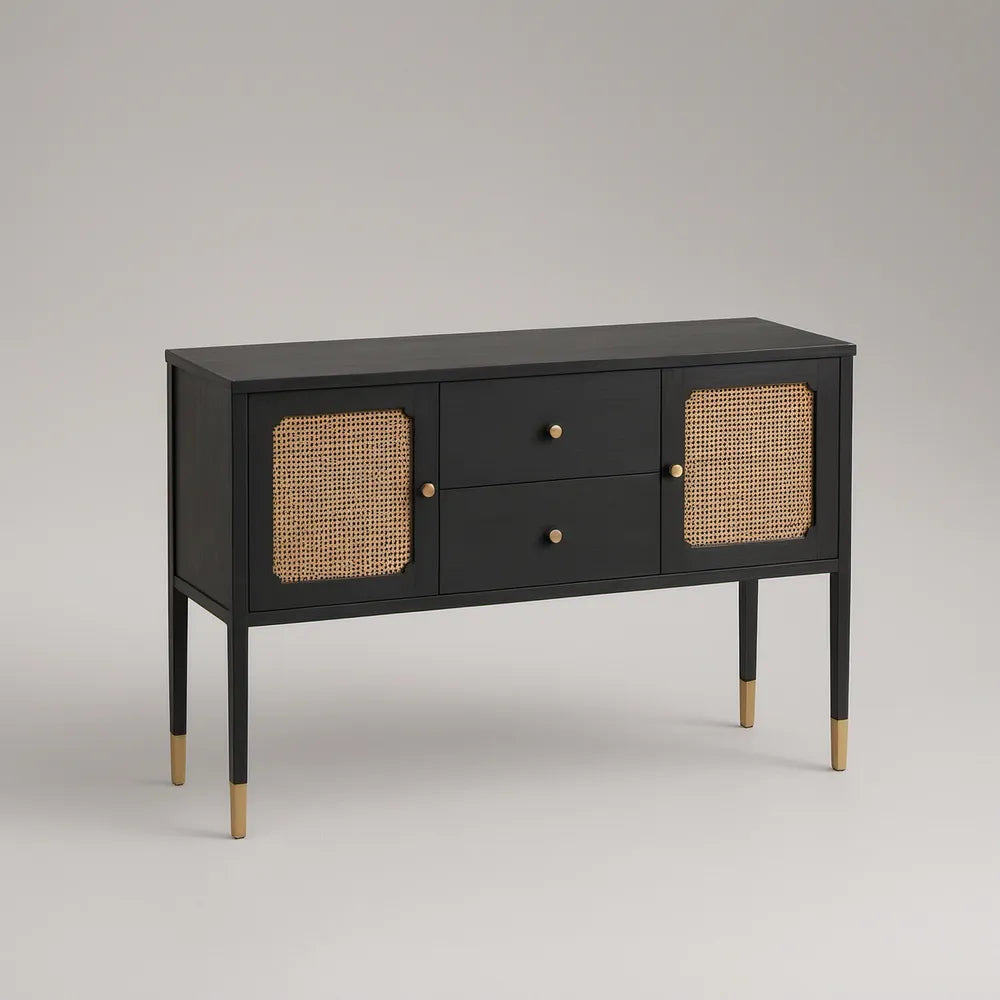 Schwarzes Sideboard mit Rattangeflecht, 120 x 40 x 80 cm