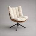 Drehsessel mit Bouclébezug in Creme, Walnussfurnier und schwarzem Stahlgestell, 82 x 78 x 98 cm