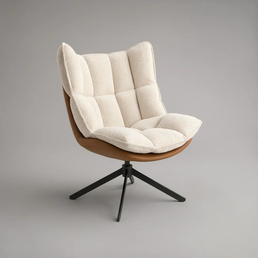Drehsessel mit Bouclébezug in Creme, Walnussfurnier und schwarzem Stahlgestell, 82 x 78 x 98 cm