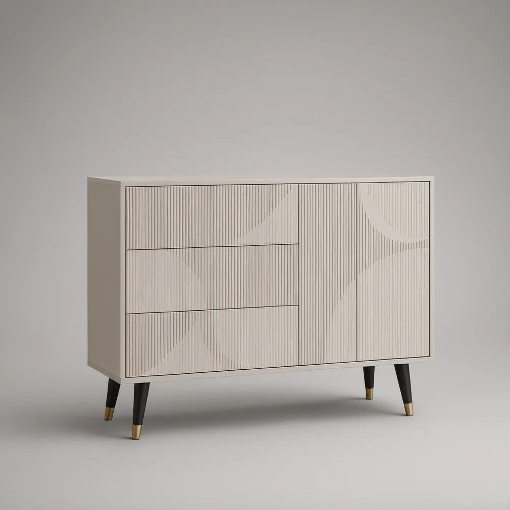 Modernes Sideboard mit 3 Schubladen und 1 Tür, 120 x 40 x 80 cm, Cremeweiss/Schwarz/Goldfarben