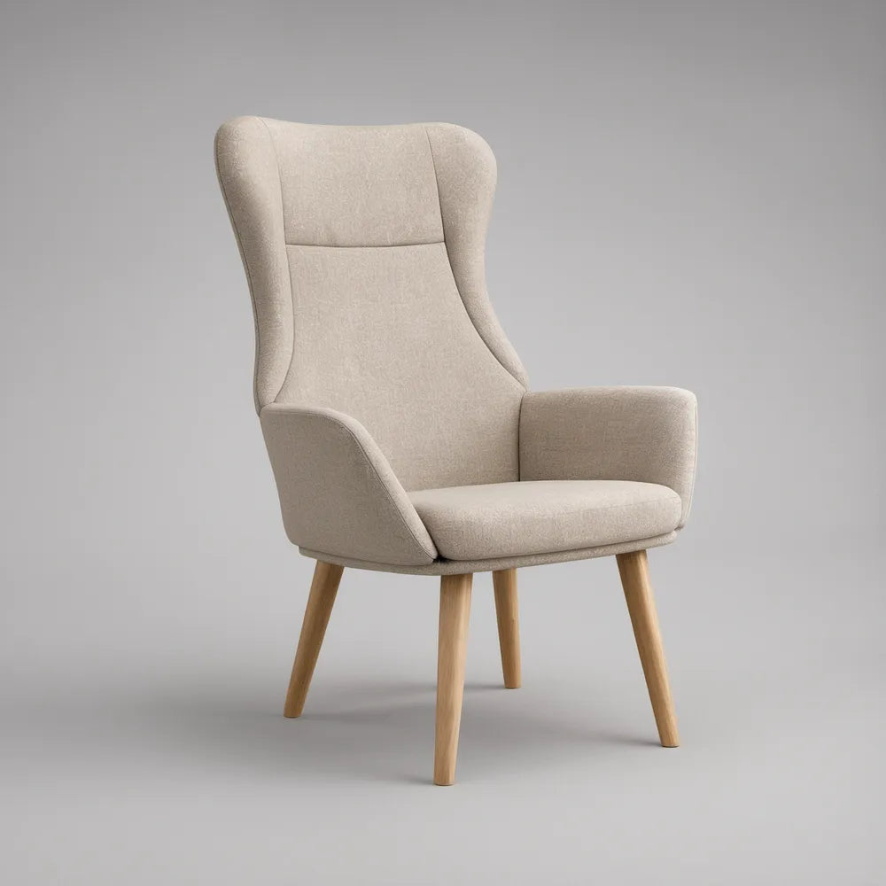 Beiger Ohrensessel mit hellbraunen Holzbeinen, 75 x 82 x 108 cm