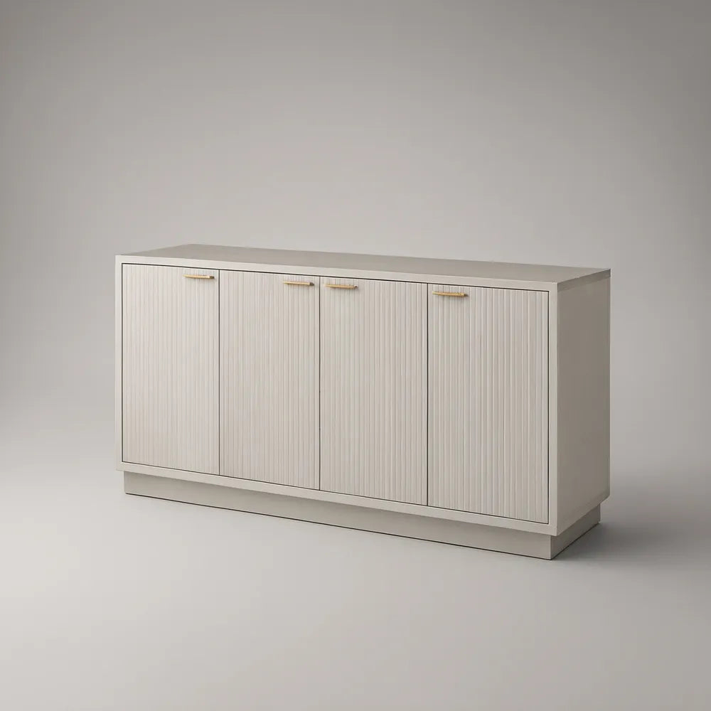 Sideboard mit 4 geriffelten Türen, 160 × 40 × 85 cm, Cremeweiss/Gold
